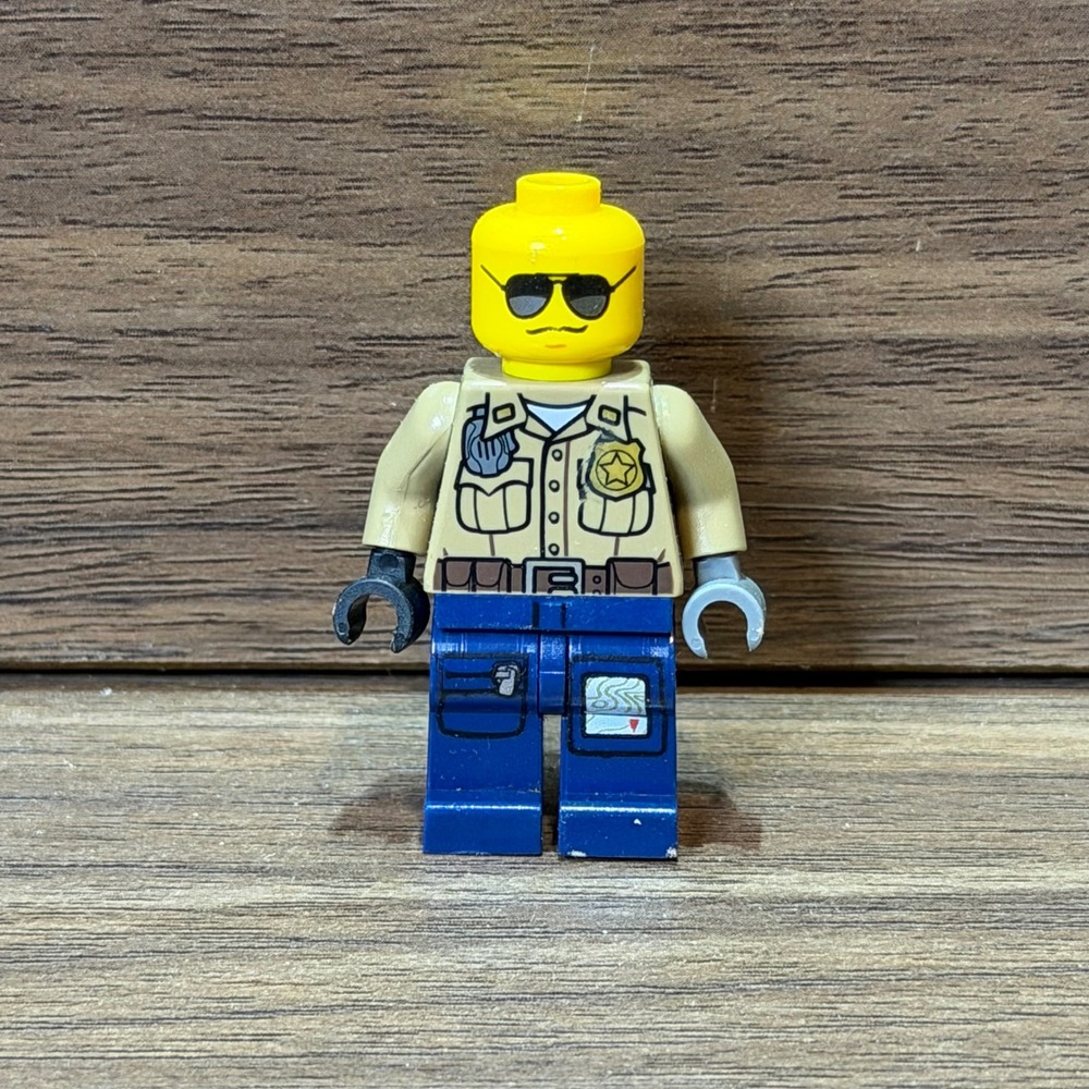 LEGO Minifigure‎ City Forest Police Officer Tan Blue Sunglasses Mustache EUC
